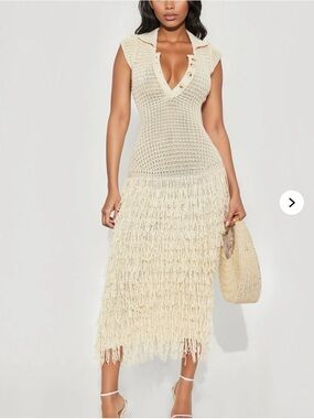 Sleeveless Cream Crochet Fringe Midi Dress